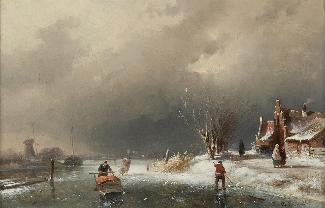 Leickert C.H.J.  | 'Charles' Henri Joseph Leickert, Winterlandschap met schaatsers bij naderende storm, olieverf op paneel 18,5 x 28,1 cm, gesigneerd rechtsonder en gedateerd '61
