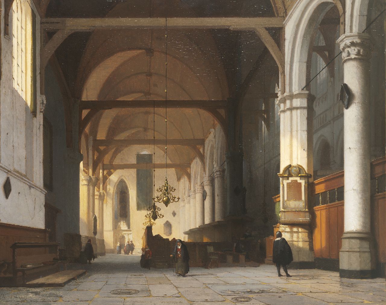 Schenkel J.J.  | Jan Jacob Schenkel, Interieur van de Oude Kerk te Amsterdam, olieverf op paneel 49,7 x 63,0 cm, gesigneerd rechtsonder (op de voet van de zuil)