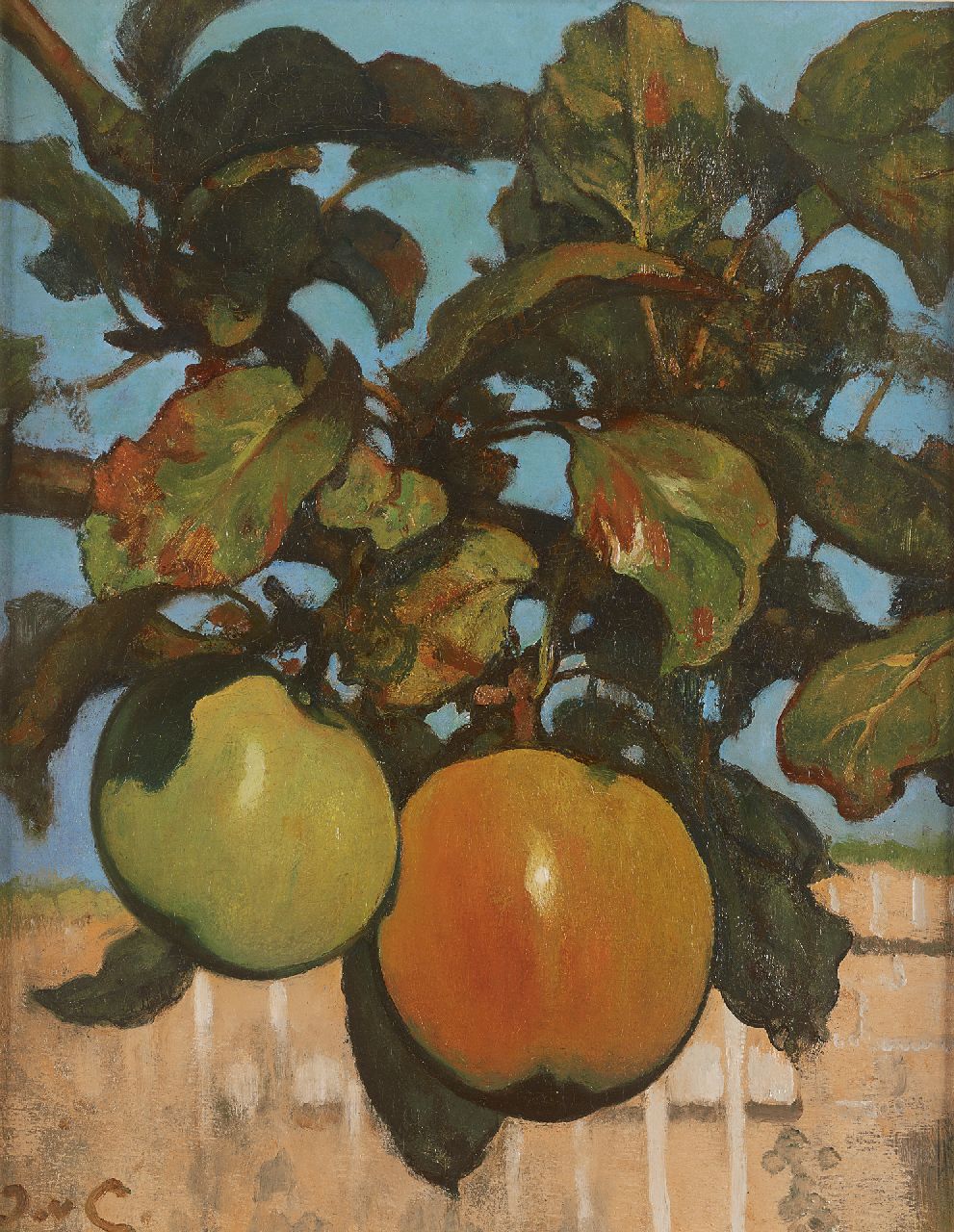 Looy J. van | Jacobus van Looy, Twee appels aan tak voor de tuinmuur, olieverf op paneel 37,1 x 29,2 cm, gesigneerd linksonder met initialen