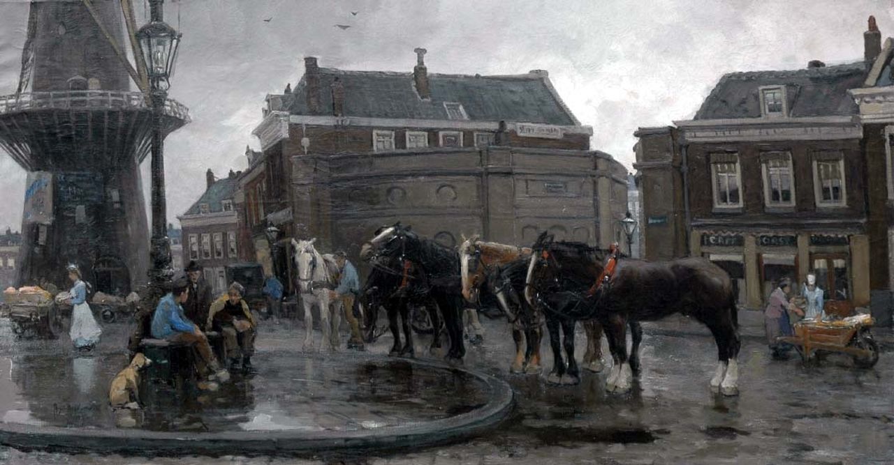 Voorden A.W. van | August Willem van Voorden, Het Oostplein met de molen De Noord, Rotterdam, olieverf op doek 75,3 x 140,8 cm, gesigneerd linksonder en gedateerd 1905