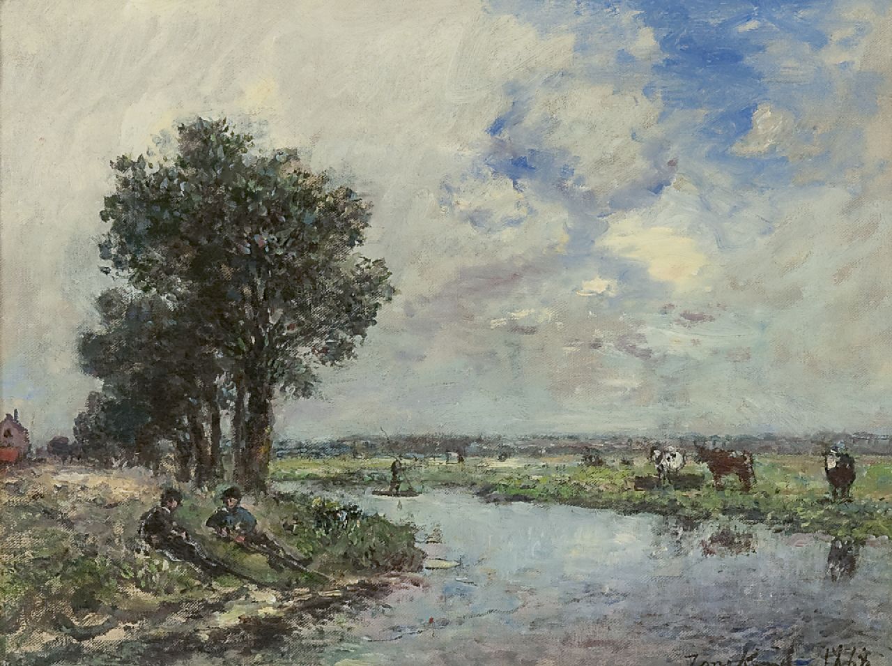 Jongkind J.B.  | Johan Barthold Jongkind, Langs de rivier, mogelijk de Dinkel nabij Lattrop, olieverf op doek 24,6 x 32,5 cm, gesigneerd rechtsonder en gedateerd 1868
