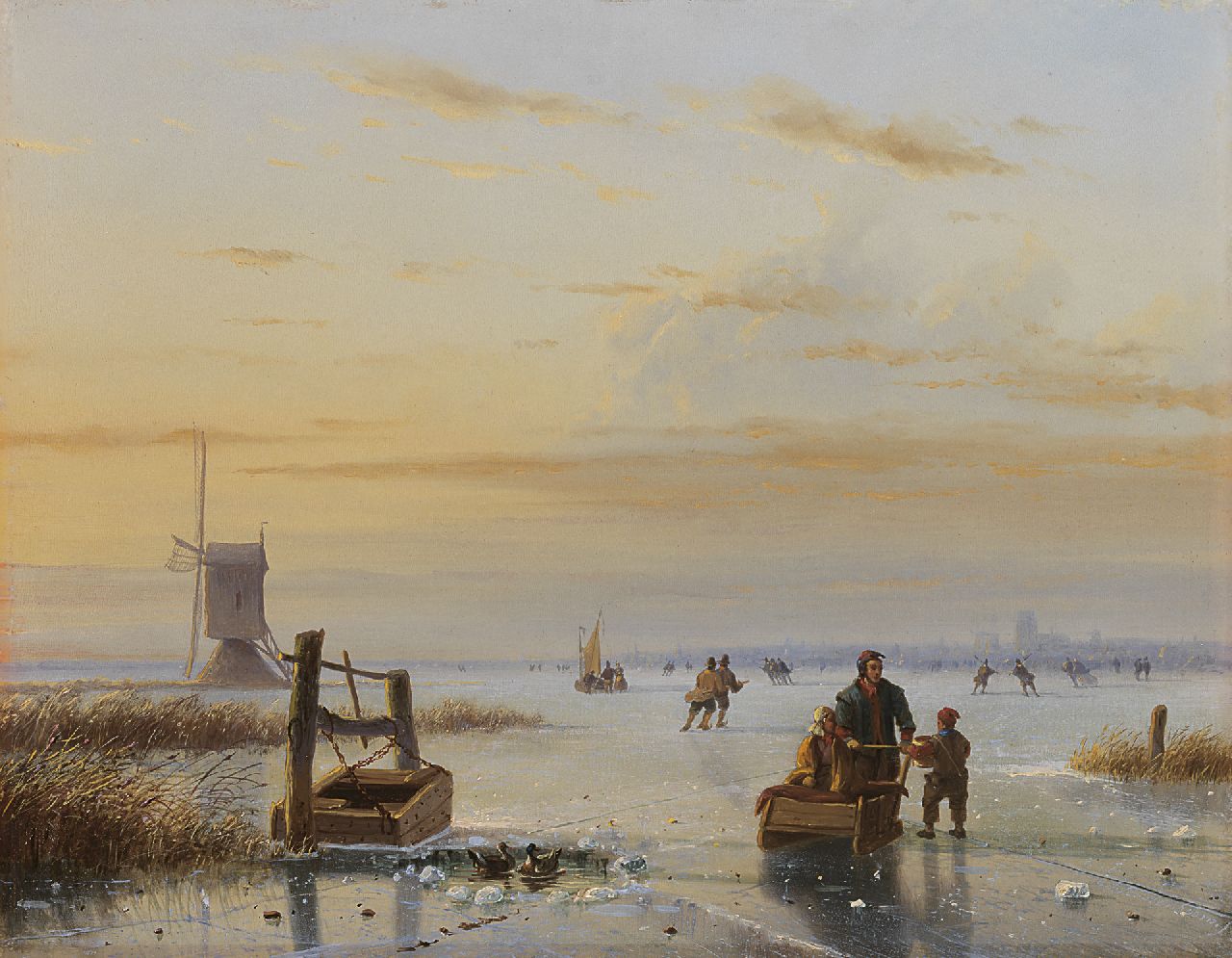 Roosenboom N.J.  | Nicolaas Johannes Roosenboom, Schaatsplezier op een bevroren rivier, olieverf op paneel 32,9 x 42,5 cm, gesigneerd rechtsonder