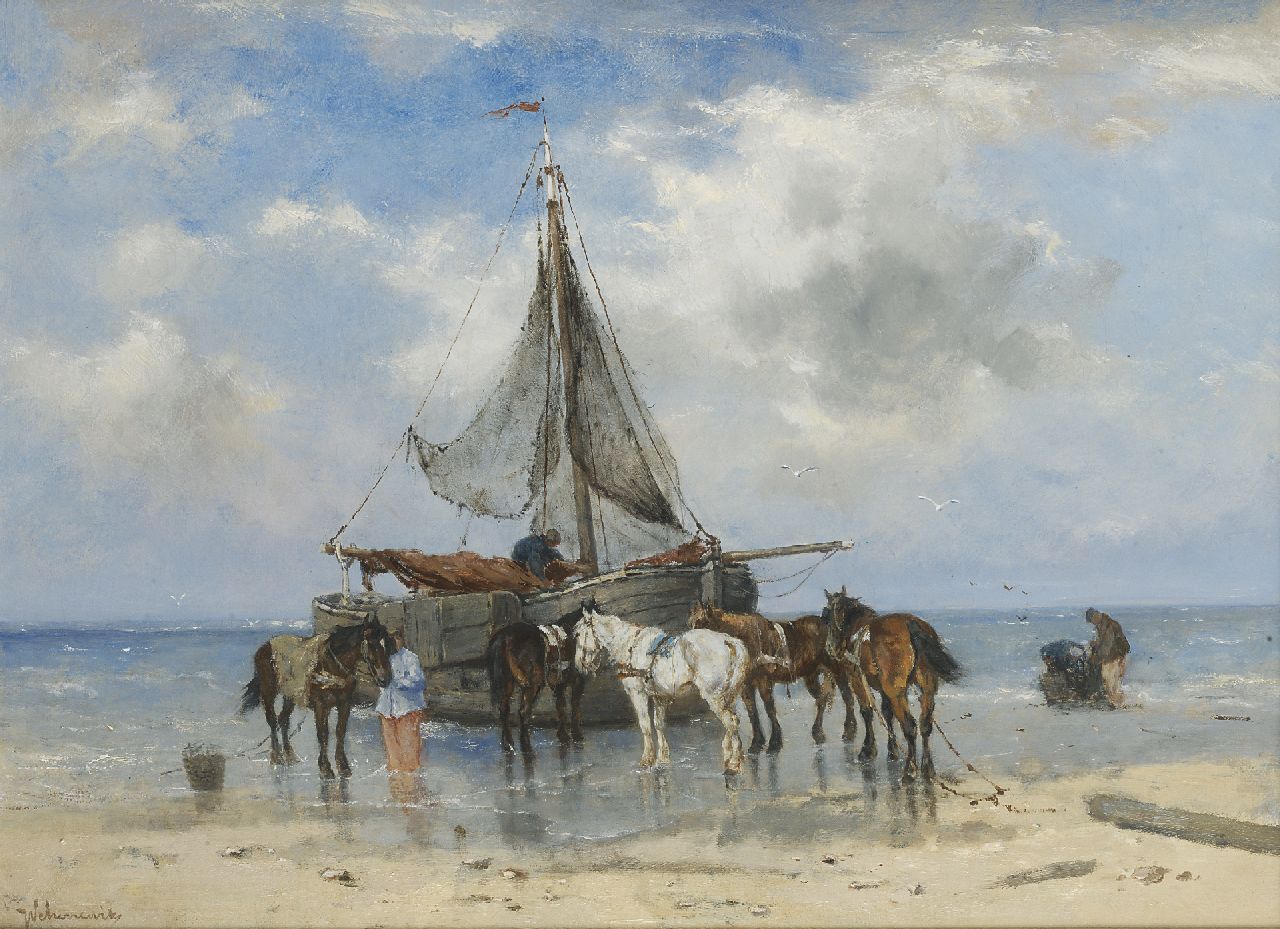 Scherrewitz J.F.C. | Johan Frederik Cornelis Scherrewitz, Bomschuit met paarden op het strand, olieverf op doek 45,0 x 60,2 cm, gesigneerd linksonder Scherrewitz J.F.C. | Johan Frederik Cornelis Scherrewitz, Bomschuit met paarden op het strand, olieverf op doek 45,0 x 60,2 cm, gesigneerd linksonder