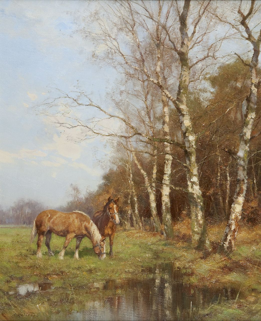 Holtrup J.  | Jan Holtrup, Werkpaarden in weidelandschap te Groesbeek, olieverf op doek 60,1 x 50,2 cm, gesigneerd linksonder