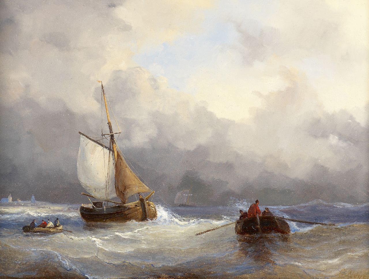 Meijer J.H.L.  | Johan Hendrik 'Louis' Meijer | Schilderijen te koop aangeboden | Vissersschip en sloep op zee, olieverf op paneel 22,8 x 31,0 cm, gesigneerd rechtsonder