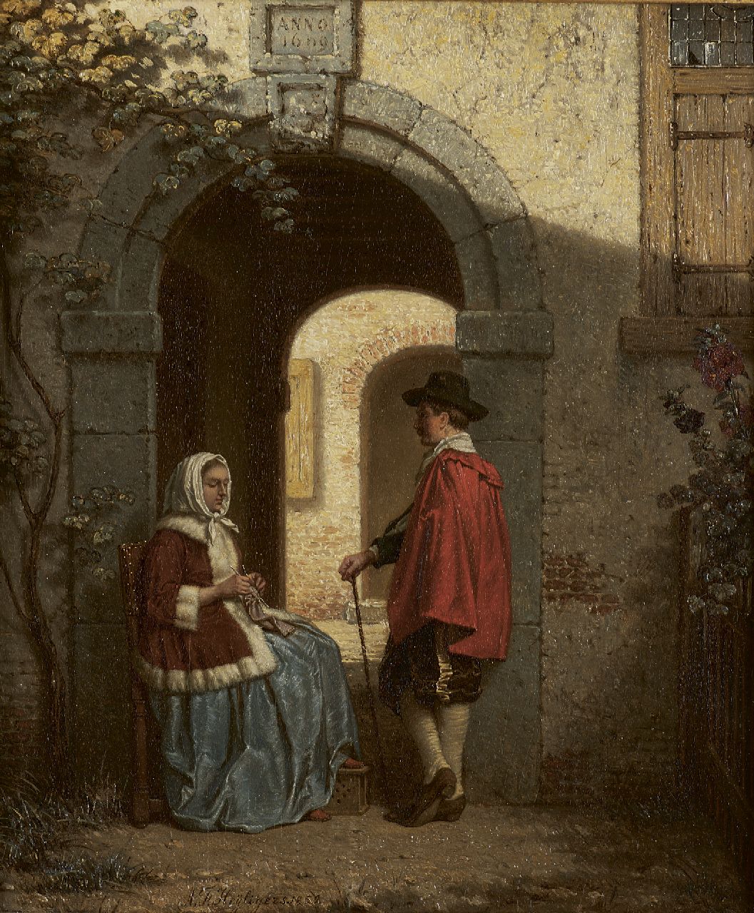 Heijligers A.F.  | Antoon François Heijligers, Praatje in de poort, olieverf op paneel 22,2 x 18,7 cm, gesigneerd links van het midden. en gedateerd 1859