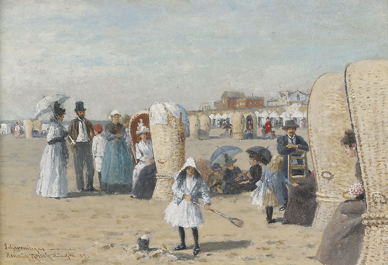 Rasch H.  | Heinrich Rasch, Op het strand van Scheveningen, olieverf op schildersboard 19,0 x 27,3 cm, gesigneerd linksonder en gedateerd 1891