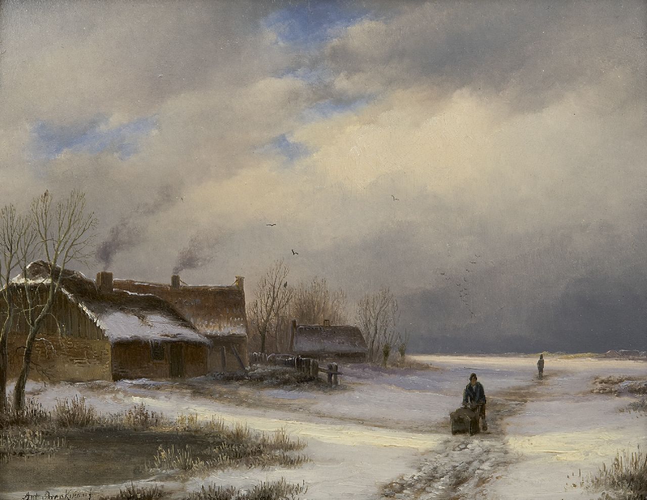 Braakman A.  | Anthonie 'Anton' Braakman, Boerenhoeve aan besneeuwde vaart, olieverf op paneel 18,5 x 23,1 cm, gesigneerd linksonder