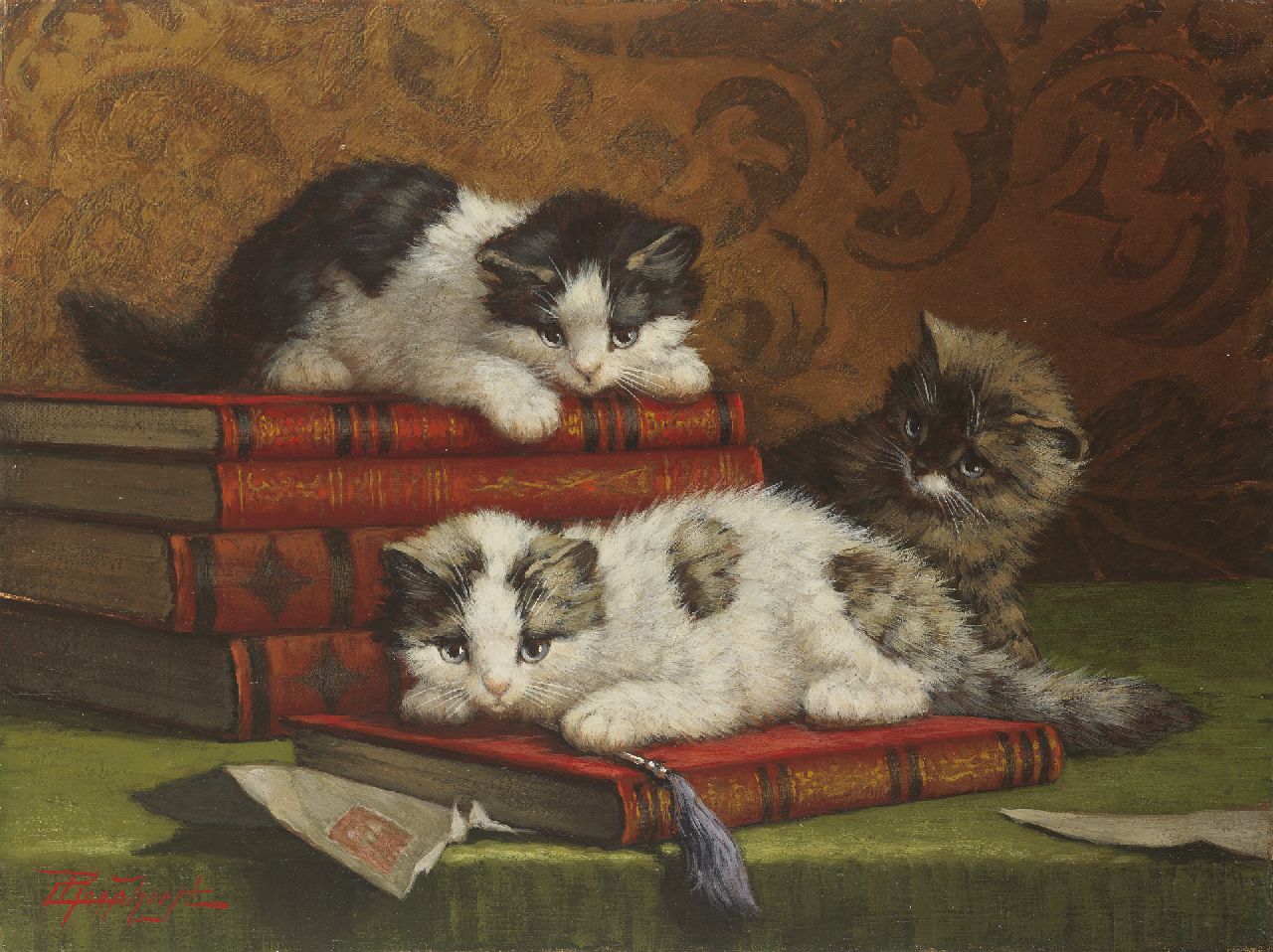 Raaphorst C.  | Cornelis Raaphorst, Drie spelende poesjes bij een stapel boeken, olieverf op doek 30,3 x 40,5 cm, gesigneerd linksonder