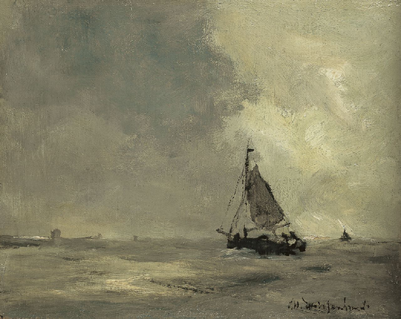Weissenbruch H.J.  | Hendrik Johannes 'J.H.' Weissenbruch, Storm voor de kust van Zeeland, olieverf op paneel 17,3 x 21,6 cm, gesigneerd rechtsonder en te dateren 1900
