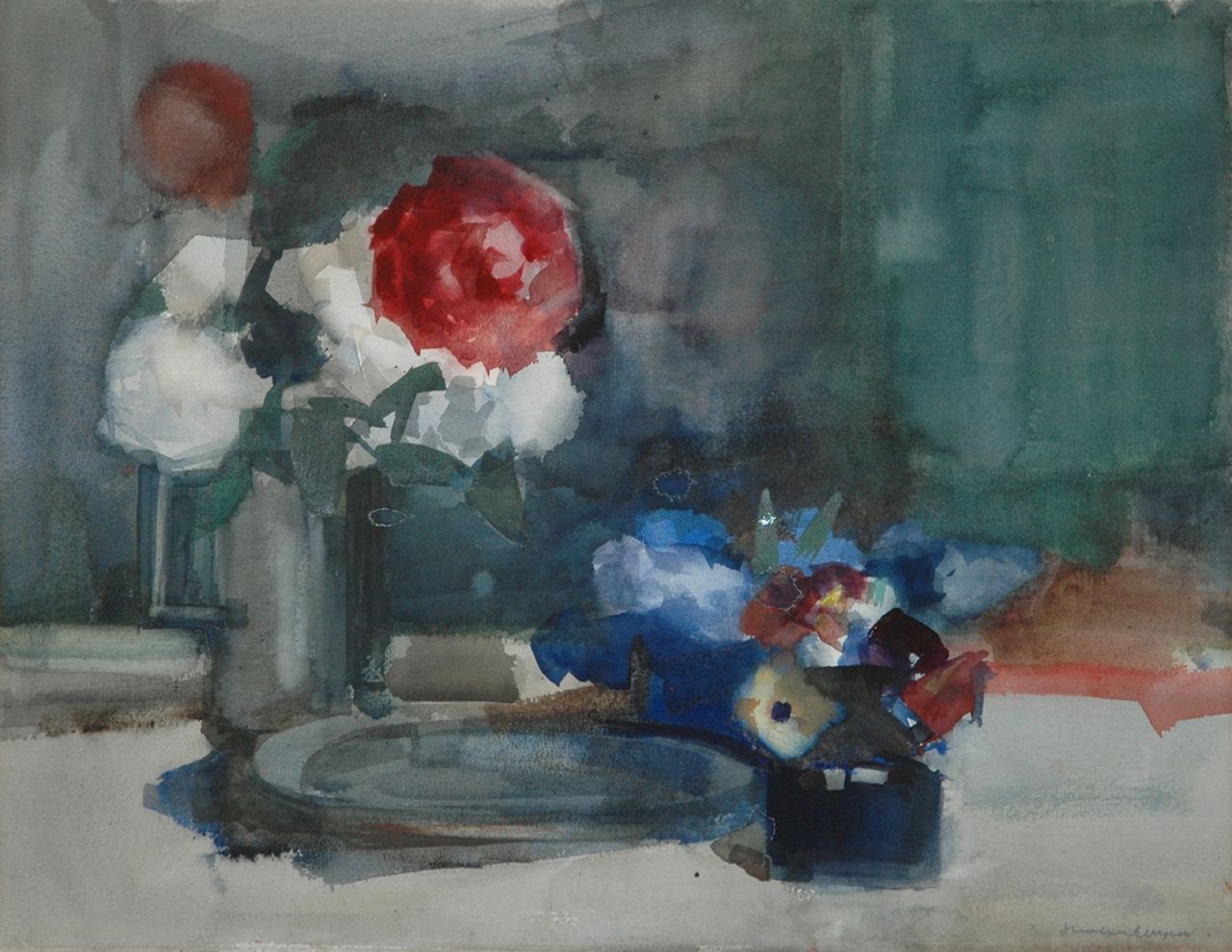 Hans van Ieperen | Stilleven met rozen en violen in vazen, aquarel op papier, 46,0 x 58,7 cm, gesigneerd r.o.