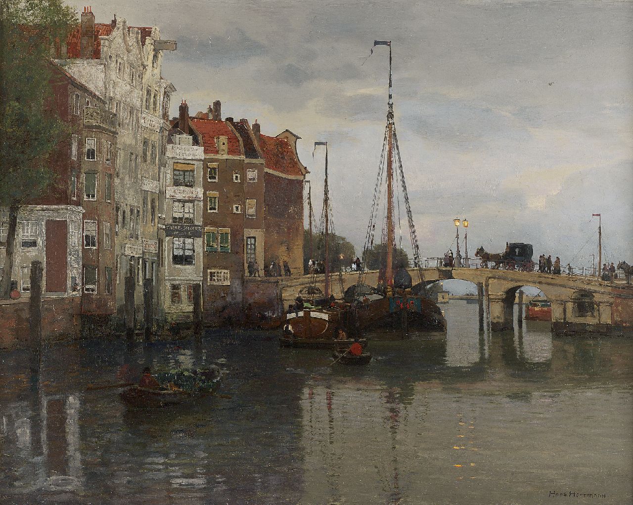 Herrmann J.E.R.  | Johann Emil Rudolf 'Hans' Herrmann, Hollands stadsgezicht met afgemeerde schepen bij een brug, olieverf op doek 49,0 x 60,0 cm, gesigneerd rechtsonder