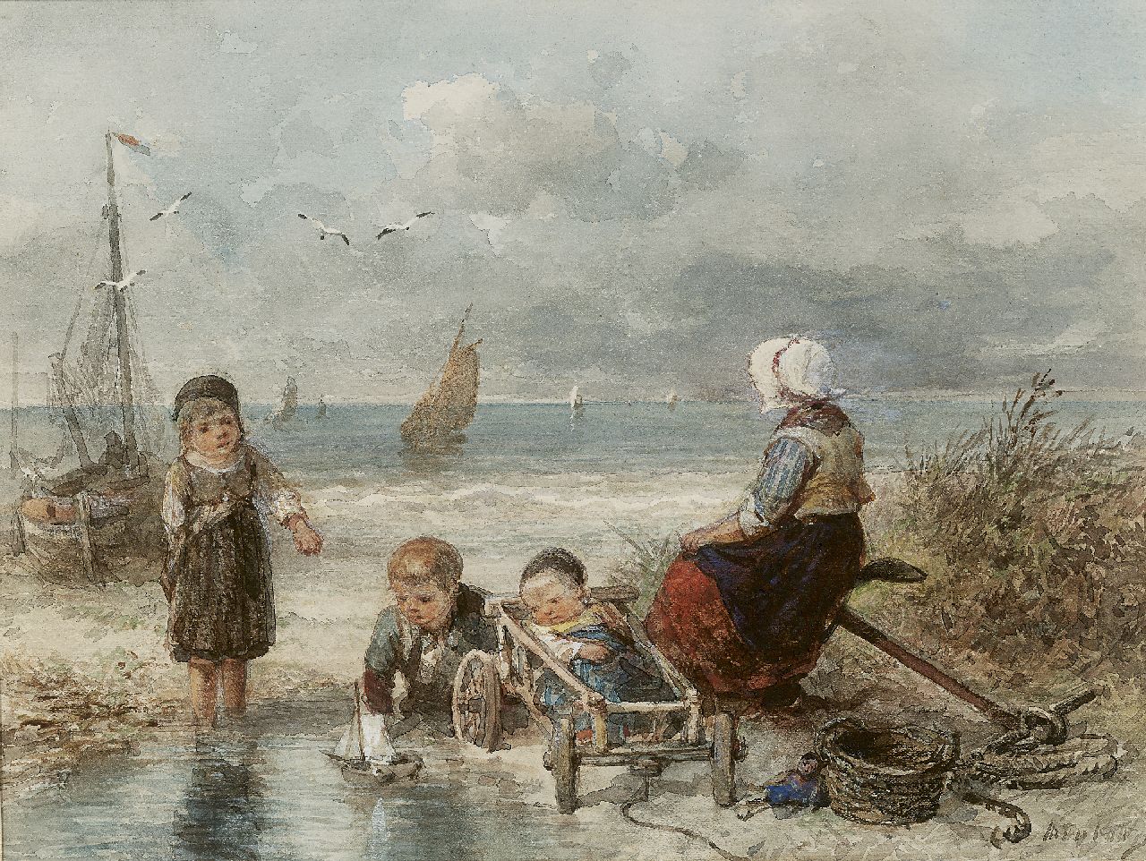 Kate J.M.H. ten | Johan 'Mari' Henri ten Kate, Vissersvrouw met haar kinderen op het strand, aquarel op papier 20,6 x 28,3 cm, gesigneerd rechtsonder