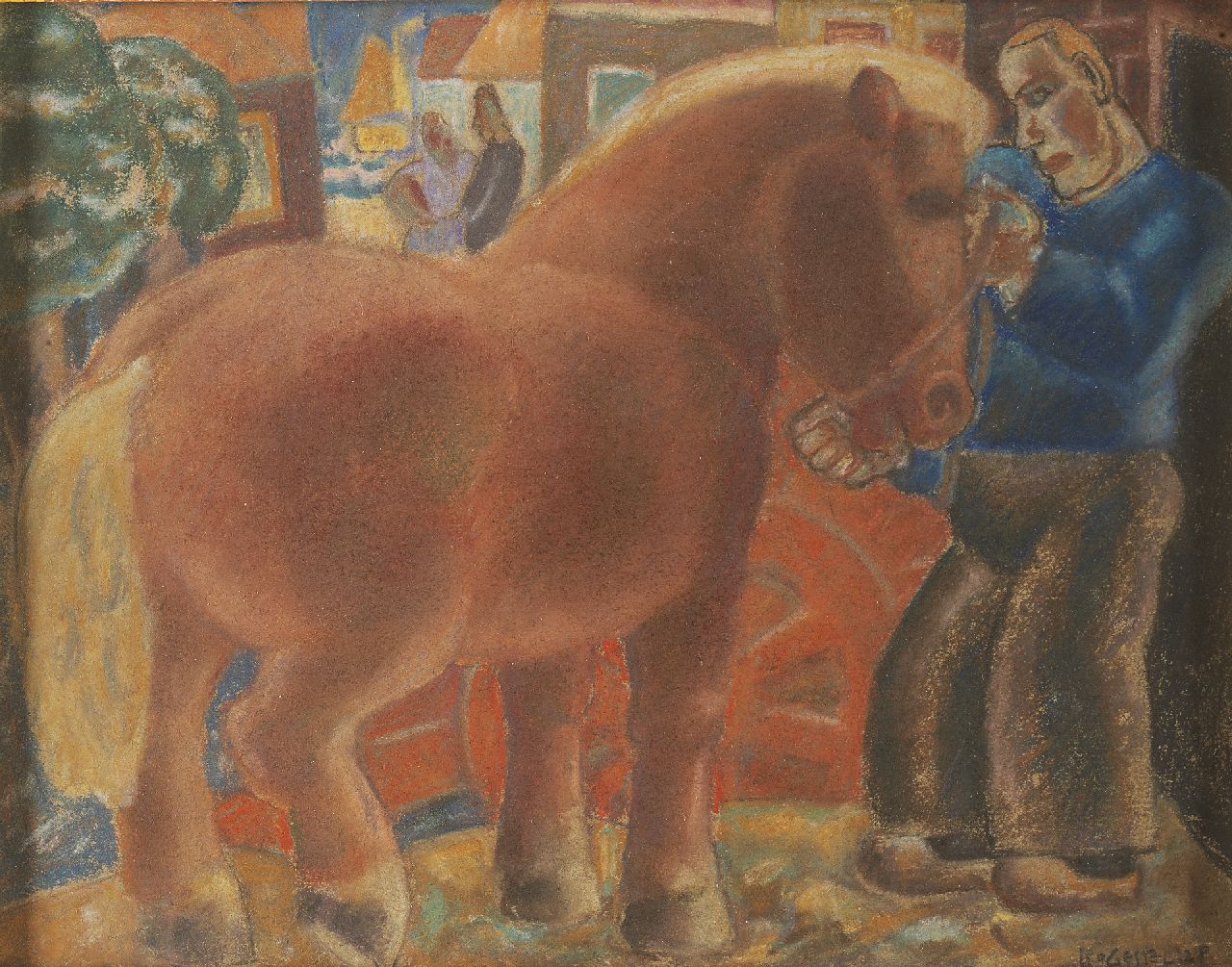 Gestel L.  | Leendert 'Leo' Gestel, Paard inspannen, Vlaanderen, pastel op papier 25,8 x 32,8 cm, gesigneerd rechtsonder en gedateerd '28