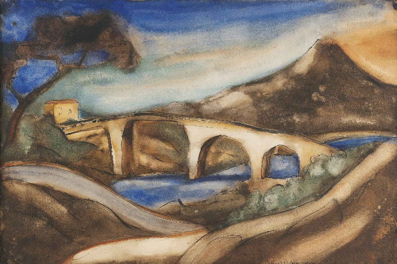 Schelfhout L.  | Lodewijk Schelfhout, De brug, inkt, krijt en aquarel op papier 34,4 x 51,0 cm, gesigneerd rechtsonder en gedateerd '1920 Corse'