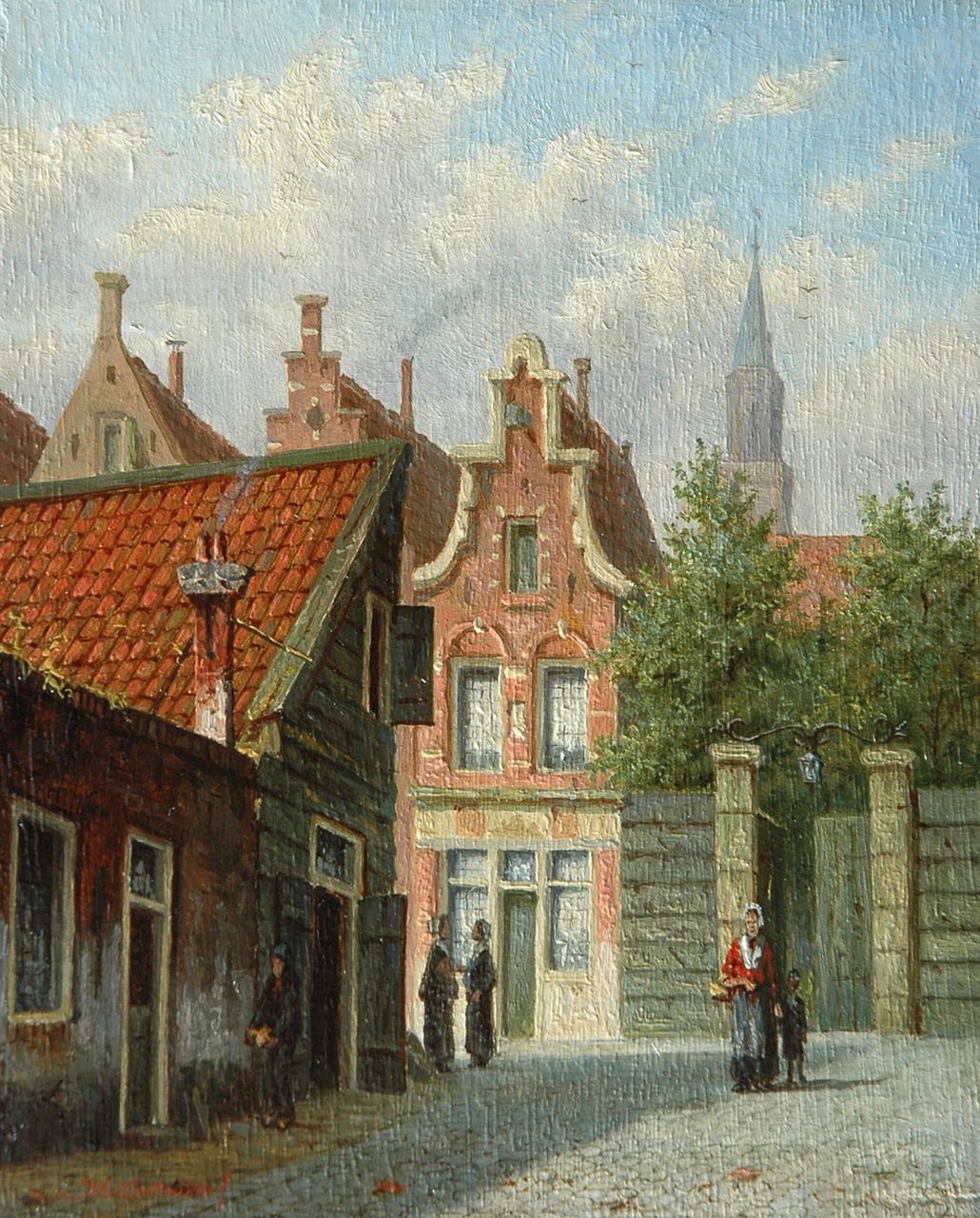 Mittertreiner J.J.  | Johannes Jacobus Mittertreiner, Oudhollands straatje met figuren, olieverf op paneel 17,0 x 13,8 cm, gesigneerd linksonder