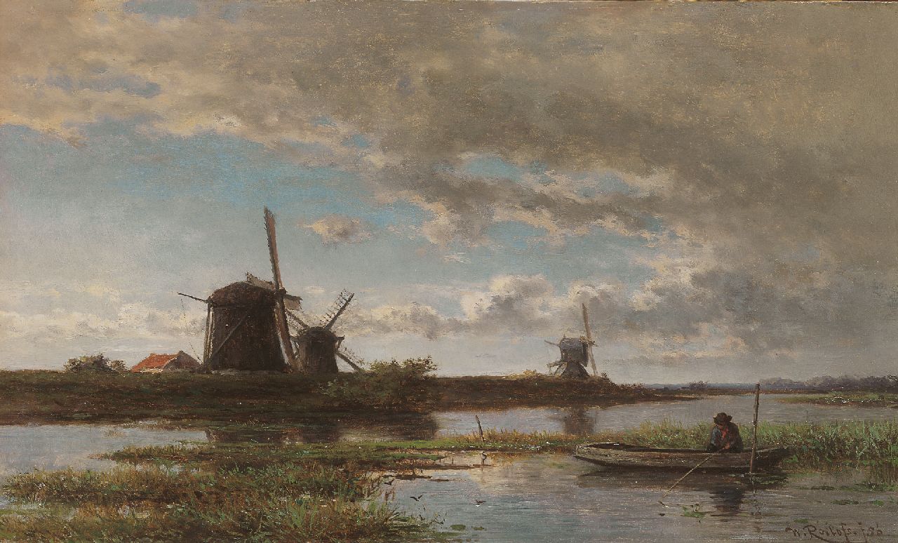 Roelofs W.  | Willem Roelofs, Polderlandschap met molens en een hengelaar, olieverf op paneel 24,2 x 40,4 cm, gesigneerd rechtsonder en gedateerd '56