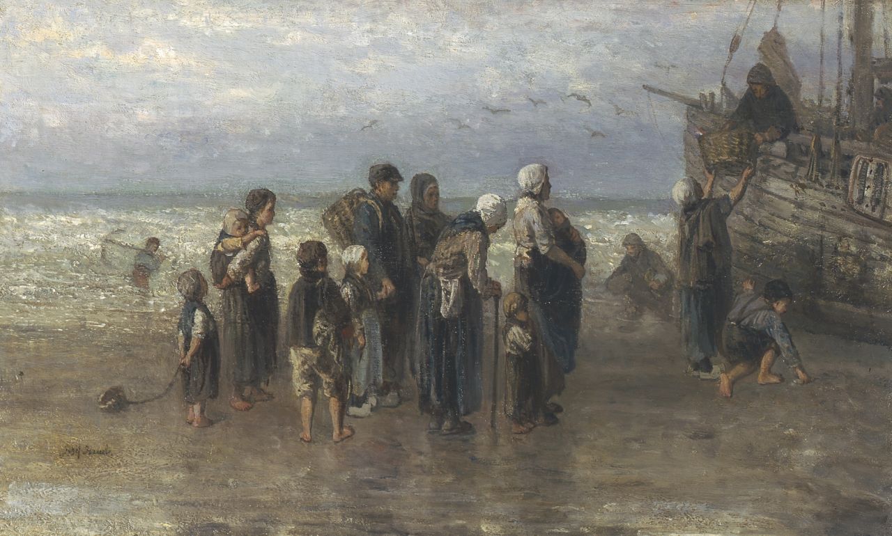 Israëls J.  | Jozef Israëls, Het uitladen van de vis, olieverf op doek 43,0 x 70,5 cm, gesigneerd linksonder