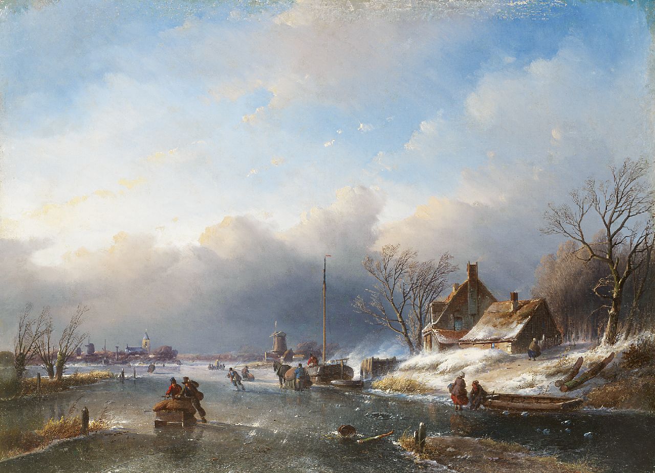 Spohler J.J.  | Jan Jacob Spohler, Winterlandschap met vele figuren op het ijs, olieverf op doek 59,0 x 80,6 cm, gesigneerd linksonder resten van signatuur met initialen