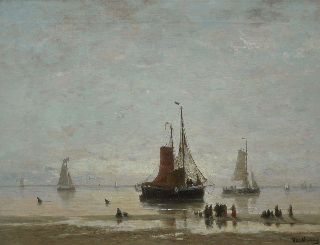 Mesdag H.W.  | Hendrik Willem Mesdag, Vissersschepen voor de kust bij zonsondergang, olieverf op doek 60,5 x 80,7 cm, gesigneerd rechtsonder