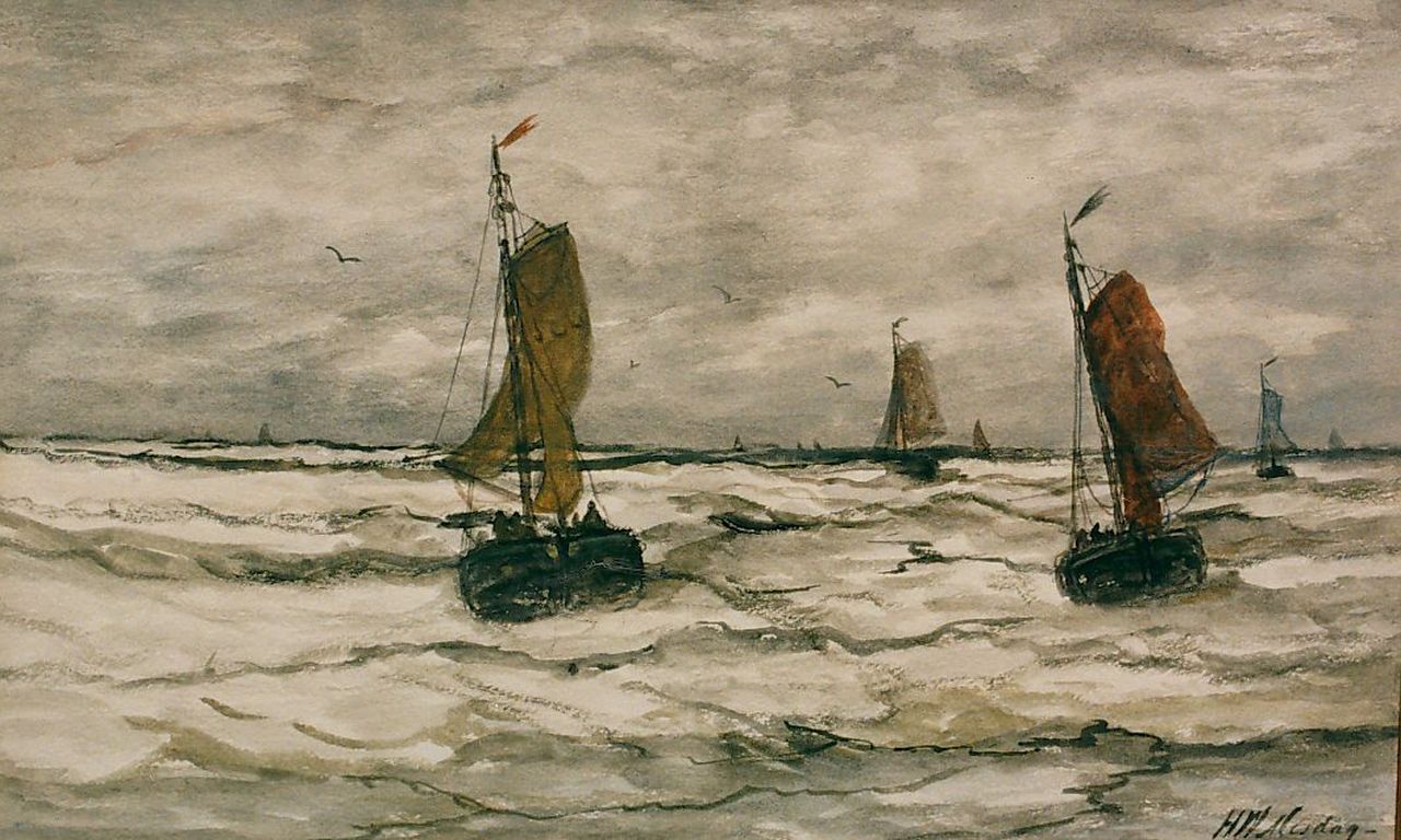 Mesdag H.W.  | Hendrik Willem Mesdag, Bomschuiten in de branding, aquarel op papier 30,5 x 51,5 cm, gesigneerd rechtsonder
