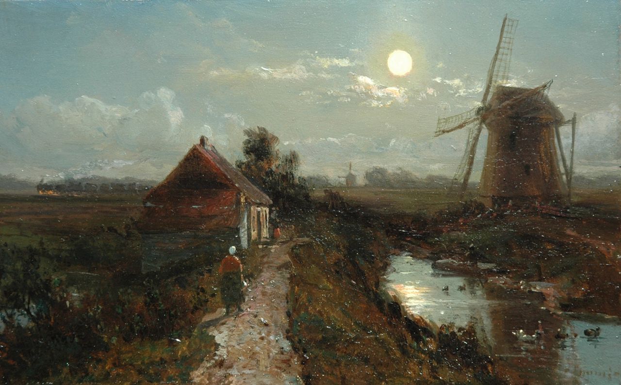 Immerzeel C.  | Christiaan Immerzeel, Dijkhuis en molen bij maanlicht met een trein aan de horizon, olieverf op paneel 15,5 x 24,5 cm, gesigneerd rechtsonder