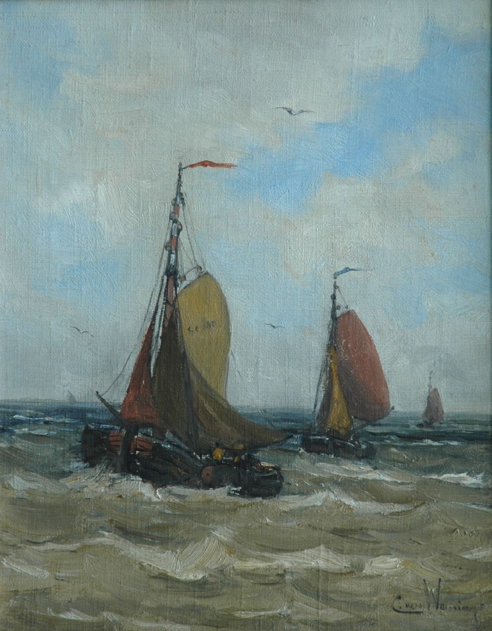 Waning C.A. van | Cornelis Anthonij 'Kees' van Waning, Bomschuiten op volle zee, olieverf op doek 35,3 x 28,1 cm, gesigneerd rechtsonder