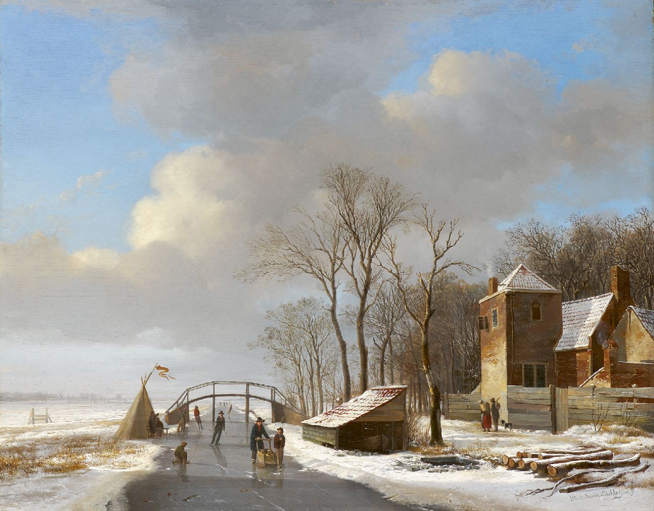 Sande Bakhuyzen H. van de | Hendrikus van de Sande Bakhuyzen, Besneeuwd polderlandschap met schaatsers, olieverf op paneel 40,4 x 51,0 cm, gesigneerd rechtsonder