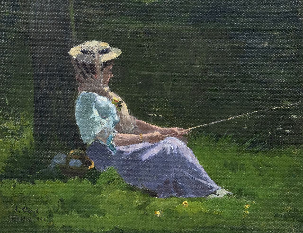 Alexandre Clarys | Zonnige middag aan de waterkant, olieverf op doek op paneel, 24,2 x 30,9 cm, gesigneerd l.o. en gedateerd 1908