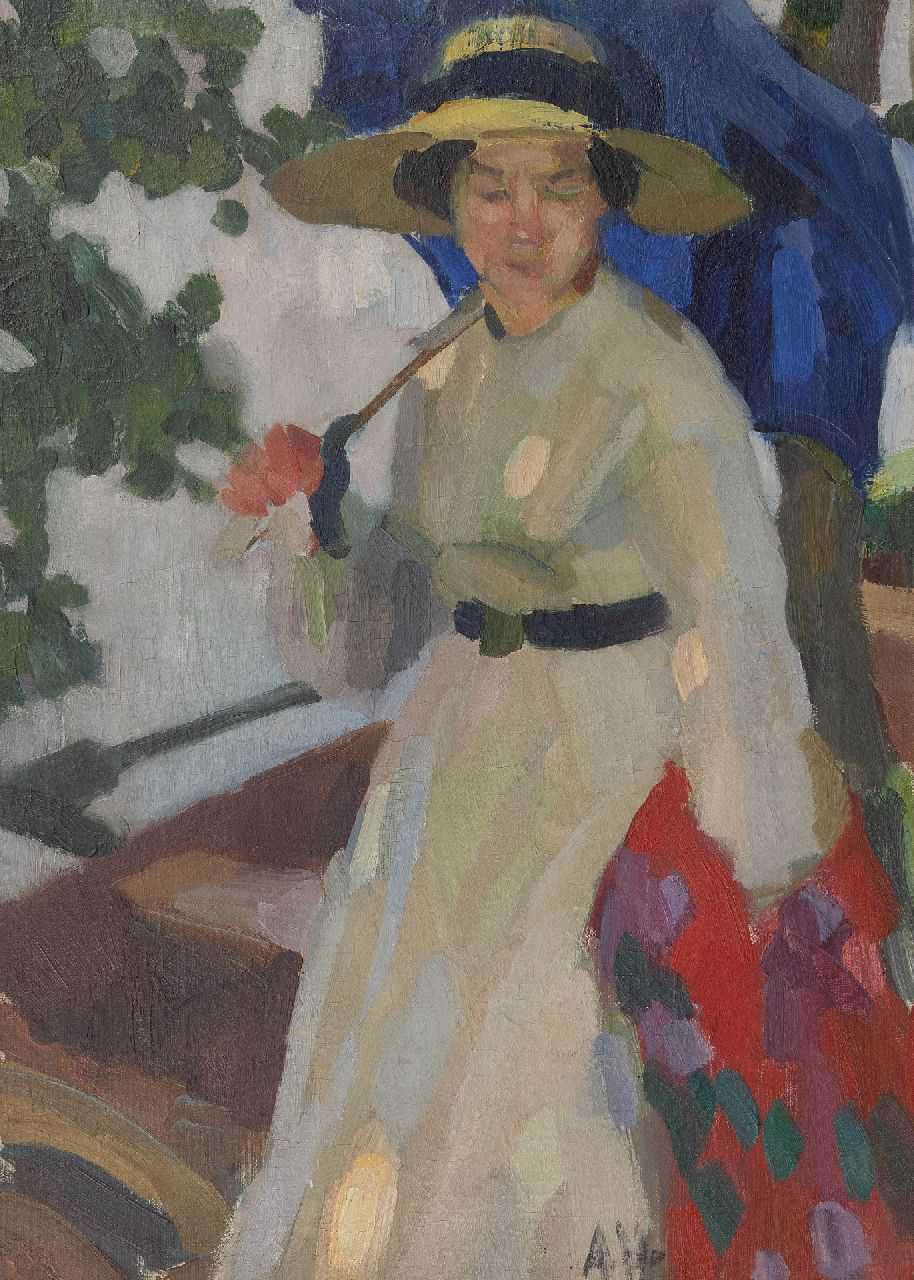 Höfer A.  | Adolf Höfer | Schilderijen te koop aangeboden | Vrouw met strohoed en parasol, olieverf op doek op board 63,3 x 45,8 cm, gesigneerd rechts van het midden. met initialen en te dateren ca. 1910