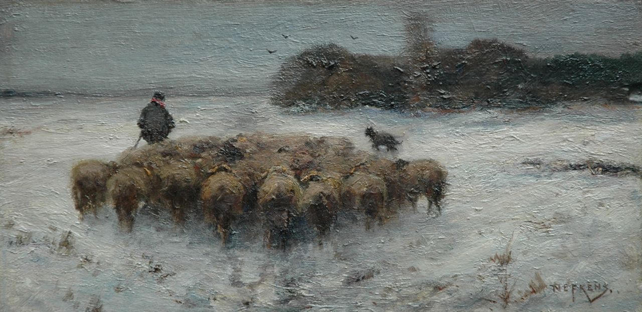 Nefkens M.J. | Martinus Jacobus Nefkens, Schapen in de sneeuw op de Veluwse hei, olieverf op papier op paneel 24,3 x 48,6 cm, gesigneerd rechtsonder Nefkens M.J. | Martinus Jacobus Nefkens, Schapen in de sneeuw op de Veluwse hei, olieverf op papier op paneel 24,3 x 48,6 cm, gesigneerd rechtsonder