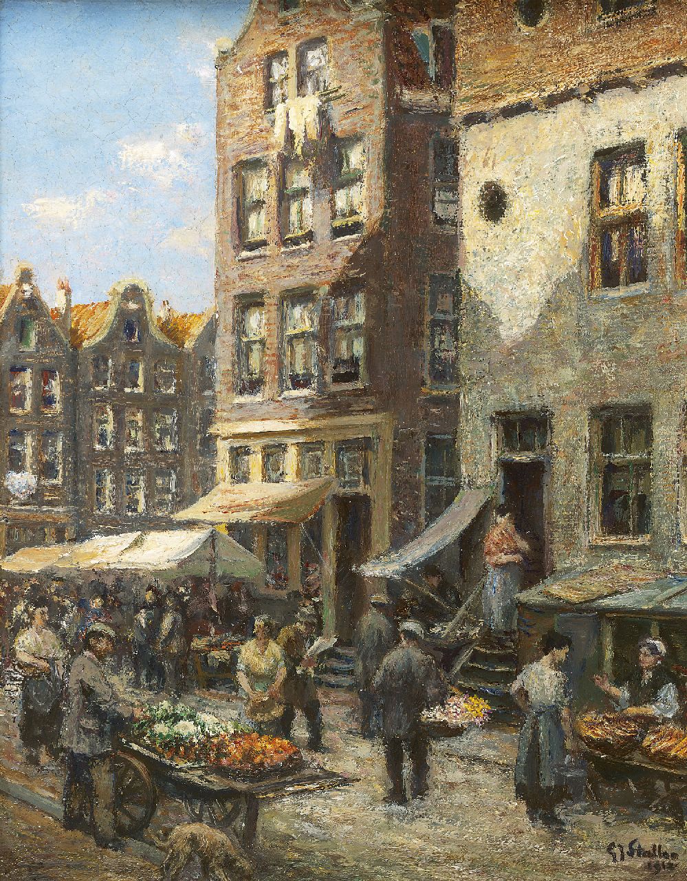 Staller G.J.  | Gerard Johan Staller, Markt in de Amsterdamse joodse buurt, olieverf op doek op paneel 23,6 x 18,4 cm, gesigneerd rechtsonder en gedateerd 1912