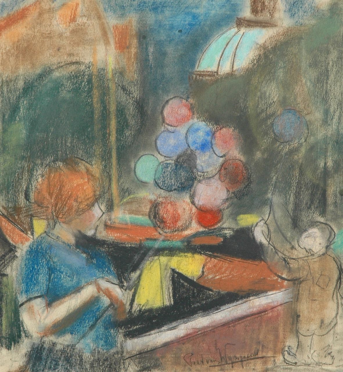 Wijngaerdt P.T. van | Petrus Theodorus 'Piet' van Wijngaerdt, Kind bij een ballonnenverkoopster, pastel op papier 36,8 x 34,7 cm, gesigneerd rechtsonder