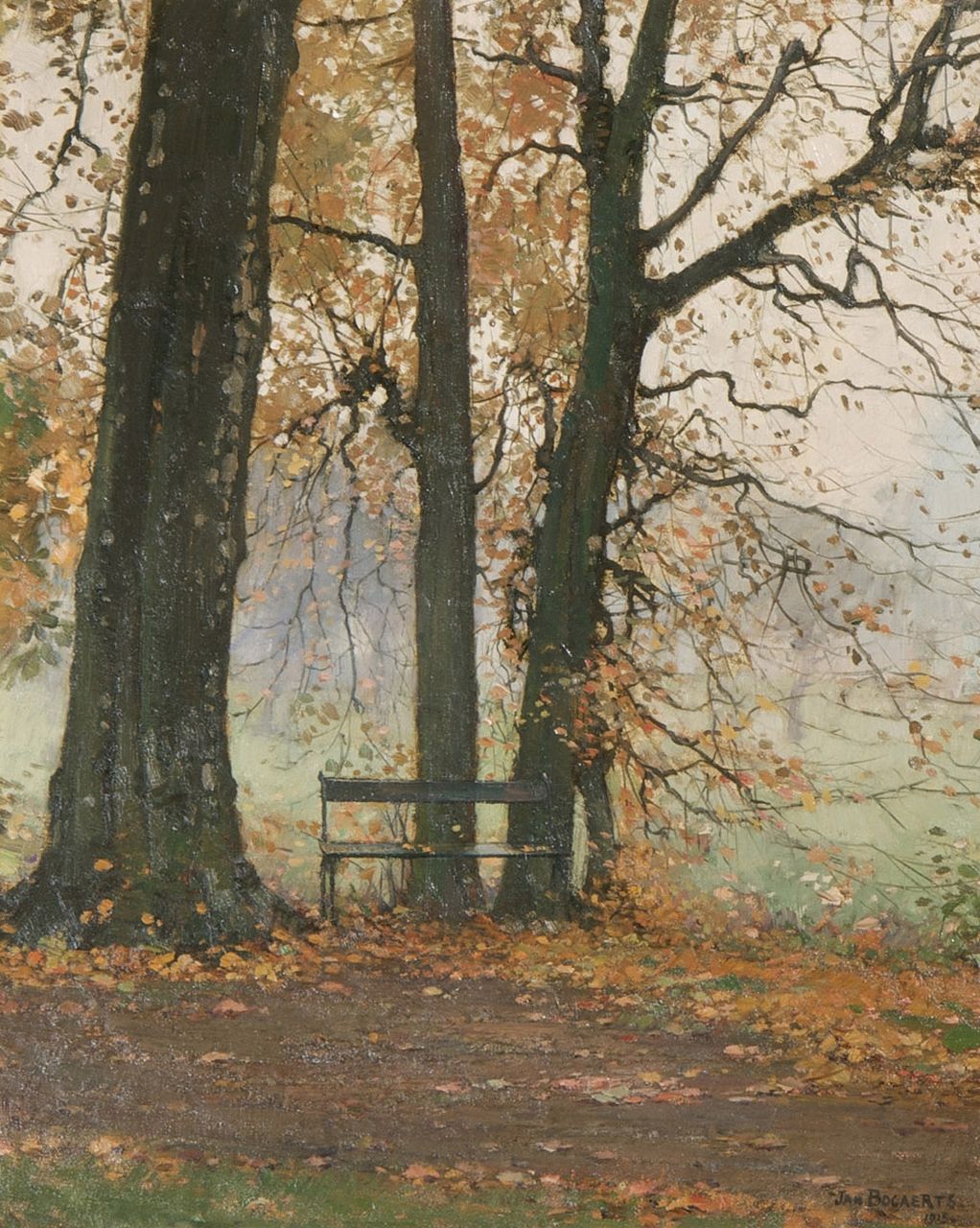 Bogaerts J.J.M.  | Johannes Jacobus Maria 'Jan' Bogaerts, Bankje in een herfstbos, olieverf op doek 38,3 x 30,3 cm, gesigneerd rechtsonder en gedateerd 1915