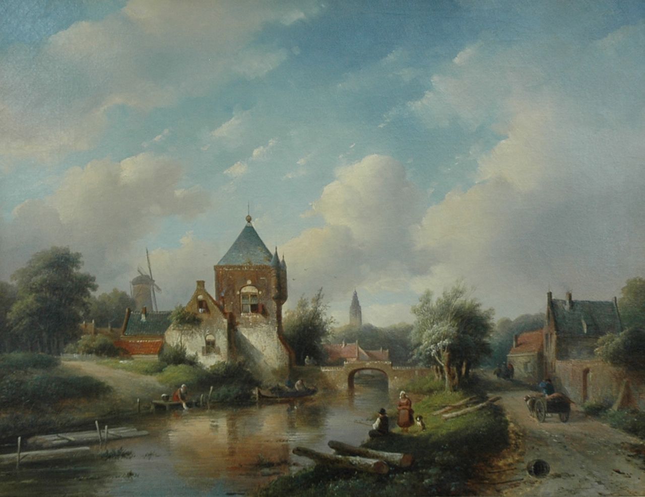 Spohler J.J.  | Jan Jacob Spohler, Dorpsgezicht met weg langs een rivier, olieverf op doek 67,0 x 52,0 cm, gesigneerd rechtsonder