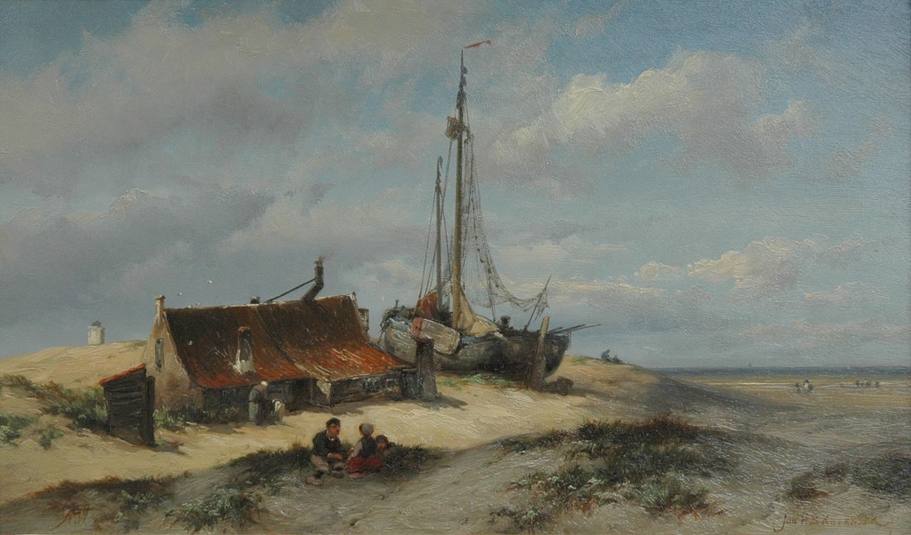 Koekkoek J.H.B.  | Johannes Hermanus Barend 'Jan H.B.' Koekkoek, Kinderen bij vissershut in de duinen, olieverf op paneel 24,2 x 41,0 cm, gesigneerd rechtsonder