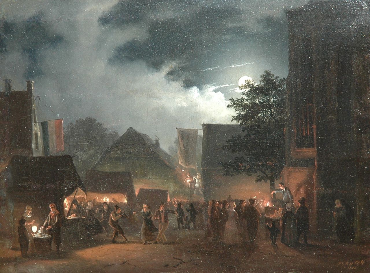 Cate H.G. ten | Hendrik Gerrit ten Cate, Markt bij maanlicht, olieverf op paneel 21,2 x 28,7 cm, gesigneerd rechtsonder en gedateerd 1854