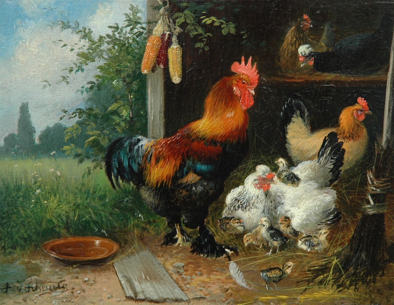 Scheuerer J.  | Julius Scheuerer, De baas in het kippenhok, olieverf op papier op paneel 14,9 x 18,2 cm, gesigneerd linksonder