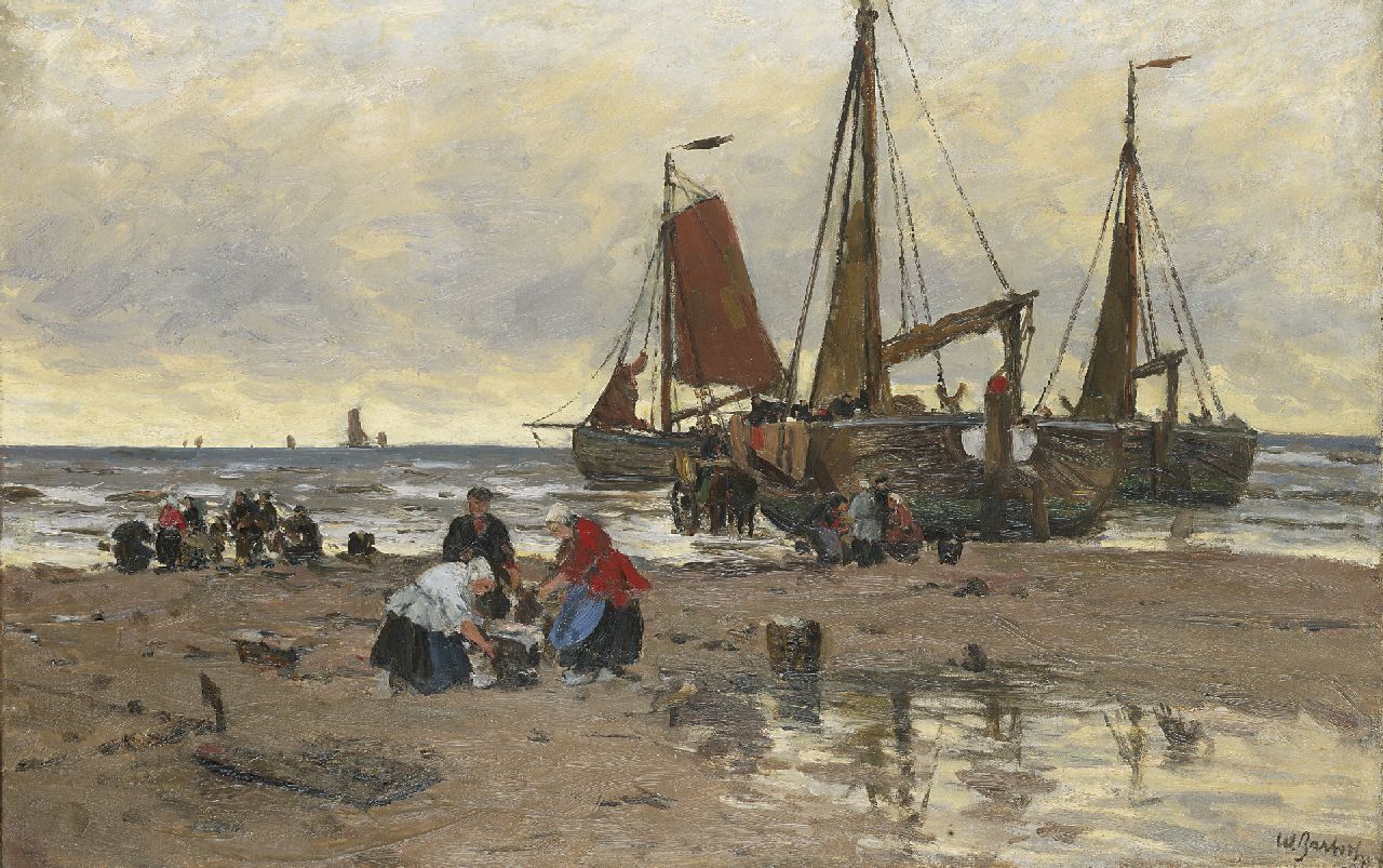 Bartsch W.  | Wilhelm Bartsch, Visverkoop op het strand, Katwijk, olieverf op doek 62,5 x 96,0 cm, gesigneerd rechtsonder