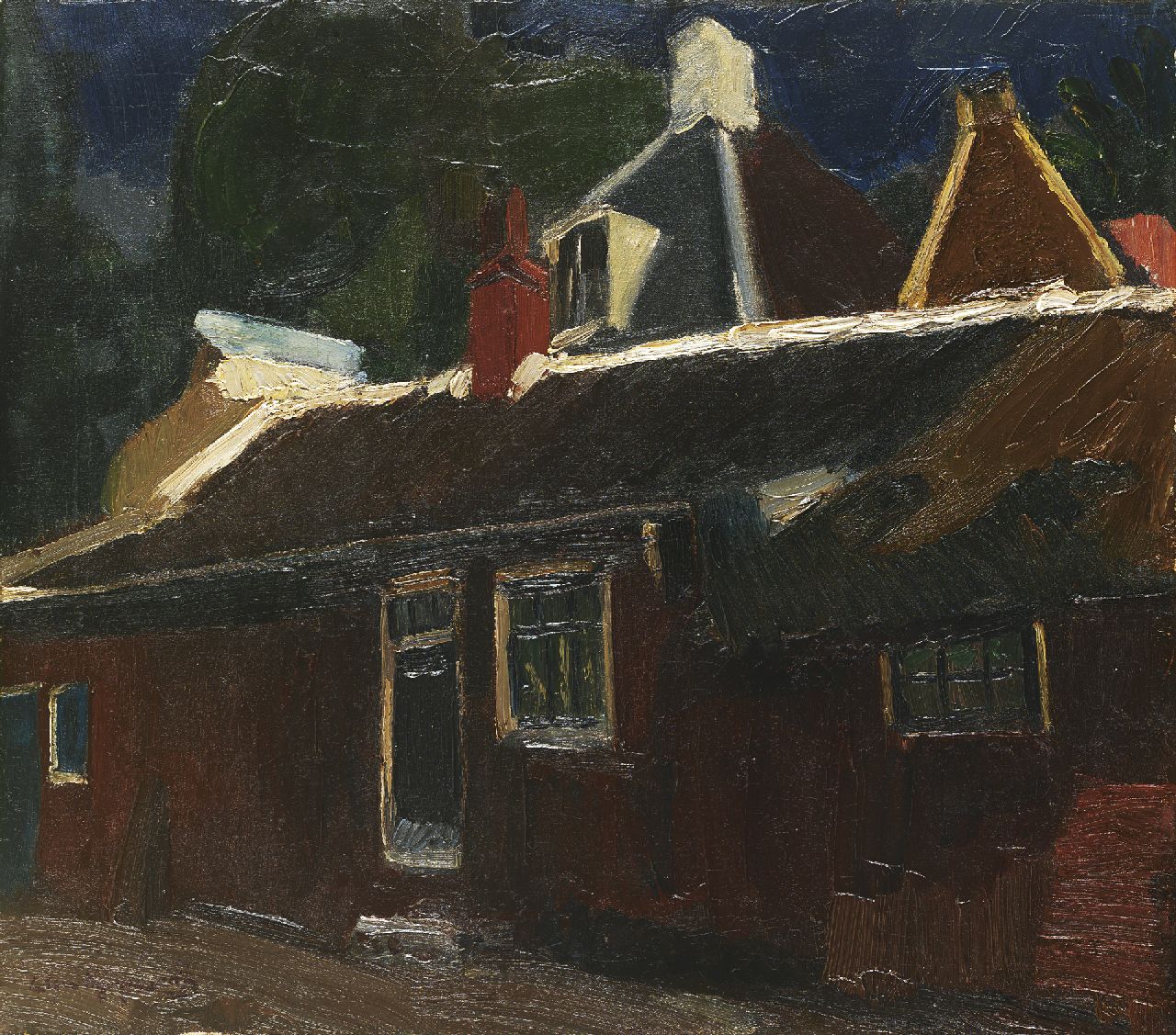 Wijngaerdt P.T. van | Petrus Theodorus 'Piet' van Wijngaerdt | Schilderijen te koop aangeboden | Huizen en rode schuur, olieverf op doek 51,5 x 58,2 cm, gesigneerd linksonder en te dateren ca. 1915