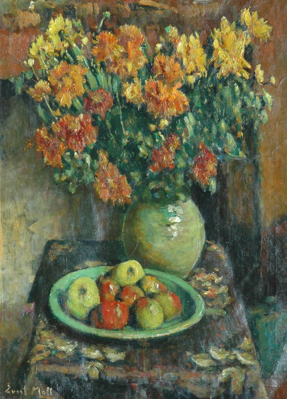 Moll E.  | Evert Moll, Stilleven met bloemen en fruitschaal, olieverf op doek 80,0 x 60,0 cm, gesigneerd linksonder