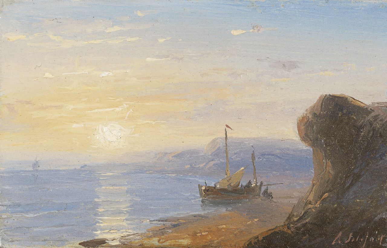 Schelfhout A.  | Andreas Schelfhout, De Normandische kust bij ondergaande zon, olieverf op koper 5,8 x 9,1 cm, gesigneerd rechtsonder en te dateren ca. 1845-1849