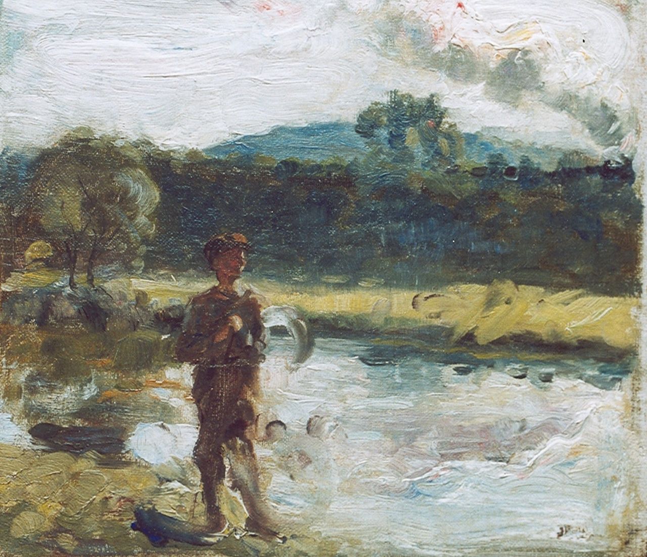 Maris J.H.  | Jacobus Hendricus 'Jacob' Maris, Boer in zomers landschap met stoomtrein in de verte, olieverfschets op doek op paneel 22,7 x 25,7 cm