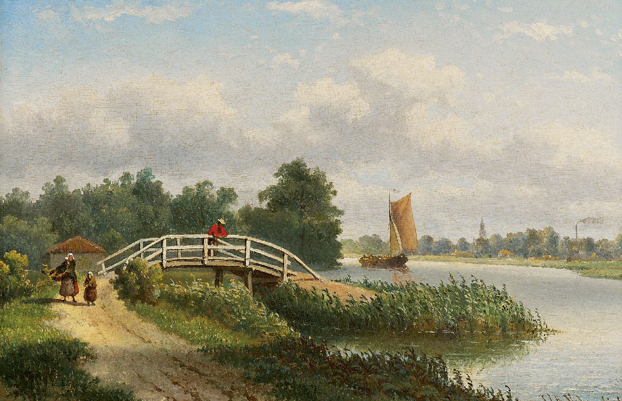 Hilverdink J.J.A. | Johannes Jacobus Antonius Hilverdink, Zomerlandschap met figuren langs een rivier, olieverf op paneel 24,6 x 36,0 cm, gesigneerd rechtsonder Hilverdink J.J.A. | Johannes Jacobus Antonius Hilverdink, Zomerlandschap met figuren langs een rivier, olieverf op paneel 24,6 x 36,0 cm, gesigneerd rechtsonder