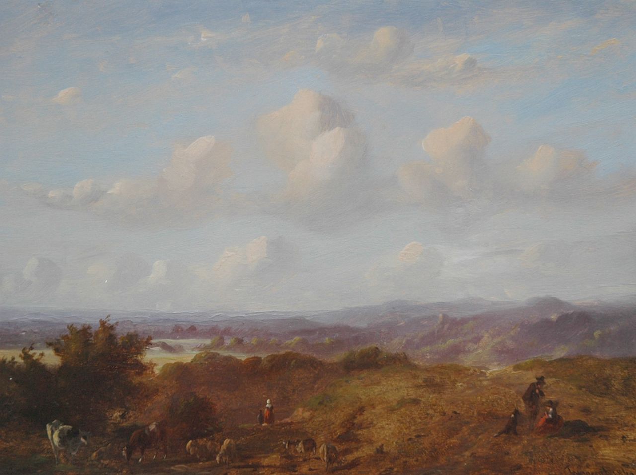 Tavenraat J.  | Johannes Tavenraat, Panoramisch landschap met herder en vee, olieverf op paneel 22,0 x 29,7 cm, gesigneerd rechtsonder en gedateerd 1849
