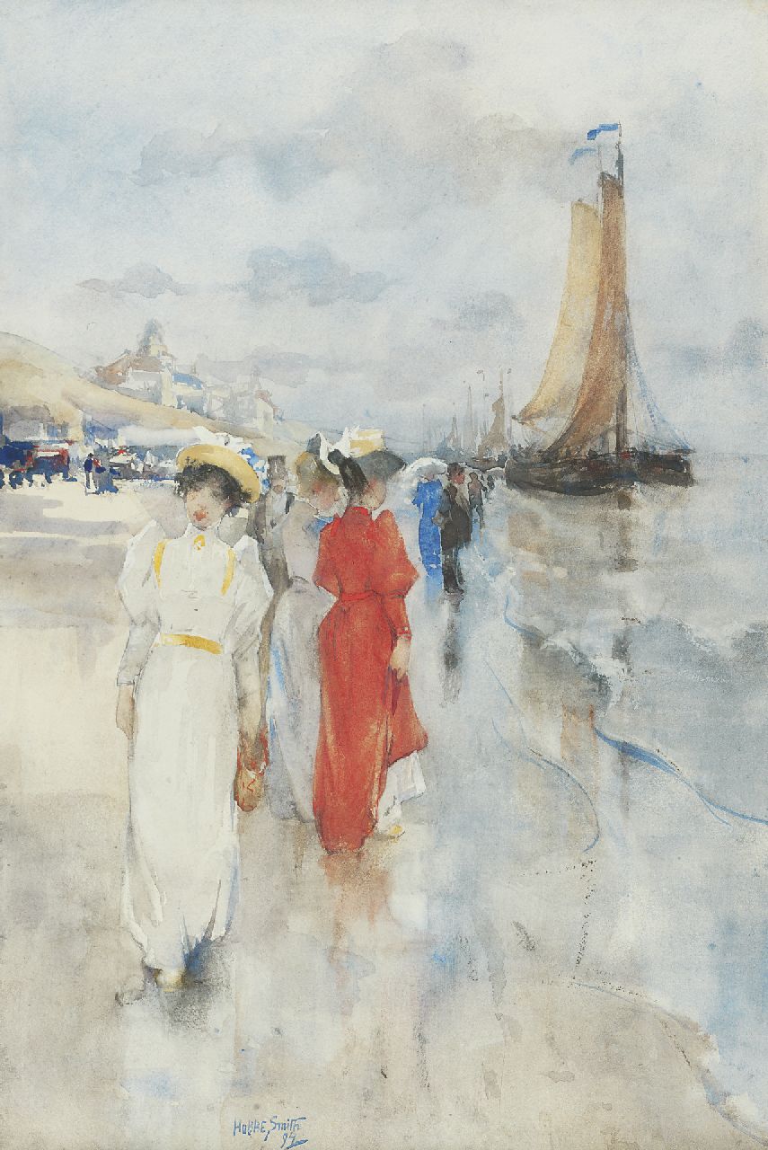 Smith H.  | Hobbe Smith, Elegante wandelaarsters op het strand van Scheveningen, aquarel op papier 45,9 x 30,4 cm, gesigneerd links van het midden. en gedateerd '94