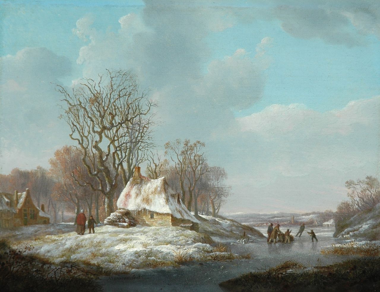 Nicolaas Barnouw | Winterlandschap met boerenhoeves en schaatsers, olieverf op paneel, 21,5 x 27,8 cm, gesigneerd l.v.h.m.