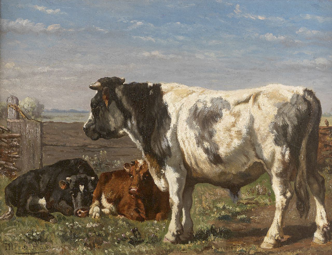 Haas J.H.L. de | Johannes Hubertus Leonardus de Haas, Zomerlandschap met zwartbonte stier, olieverf op doek 39,0 x 50,7 cm, gesigneerd linksonder Haas J.H.L. de | Johannes Hubertus Leonardus de Haas, Zomerlandschap met zwartbonte stier, olieverf op doek 39,0 x 50,7 cm, gesigneerd linksonder