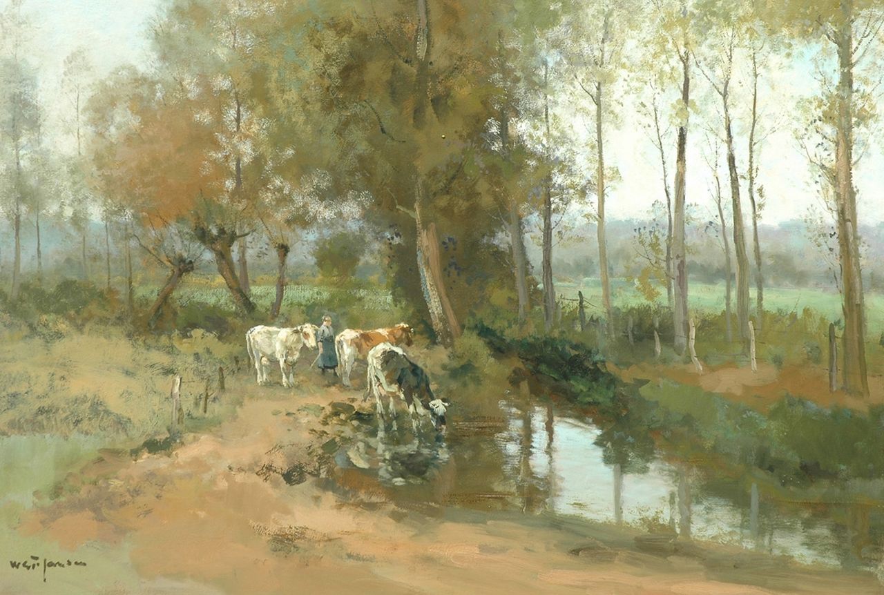 Jansen W.G.F.  | 'Willem' George Frederik Jansen, Drinkende koeien bij een beek, olieverf op doek 82,2 x 117,8 cm, gesigneerd linksonder
