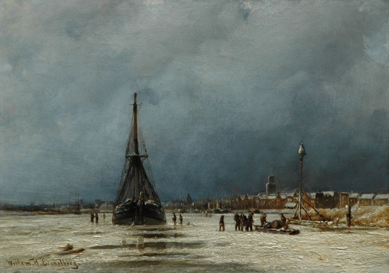 Eickelberg W.H. | Willem Hendrik Eickelberg, Winter op de Maas bij Rotterdam, olieverf op paneel 22,7 x 32,0 cm, gesigneerd linksonder Eickelberg W.H. | Willem Hendrik Eickelberg, Winter op de Maas bij Rotterdam, olieverf op paneel 22,7 x 32,0 cm, gesigneerd linksonder